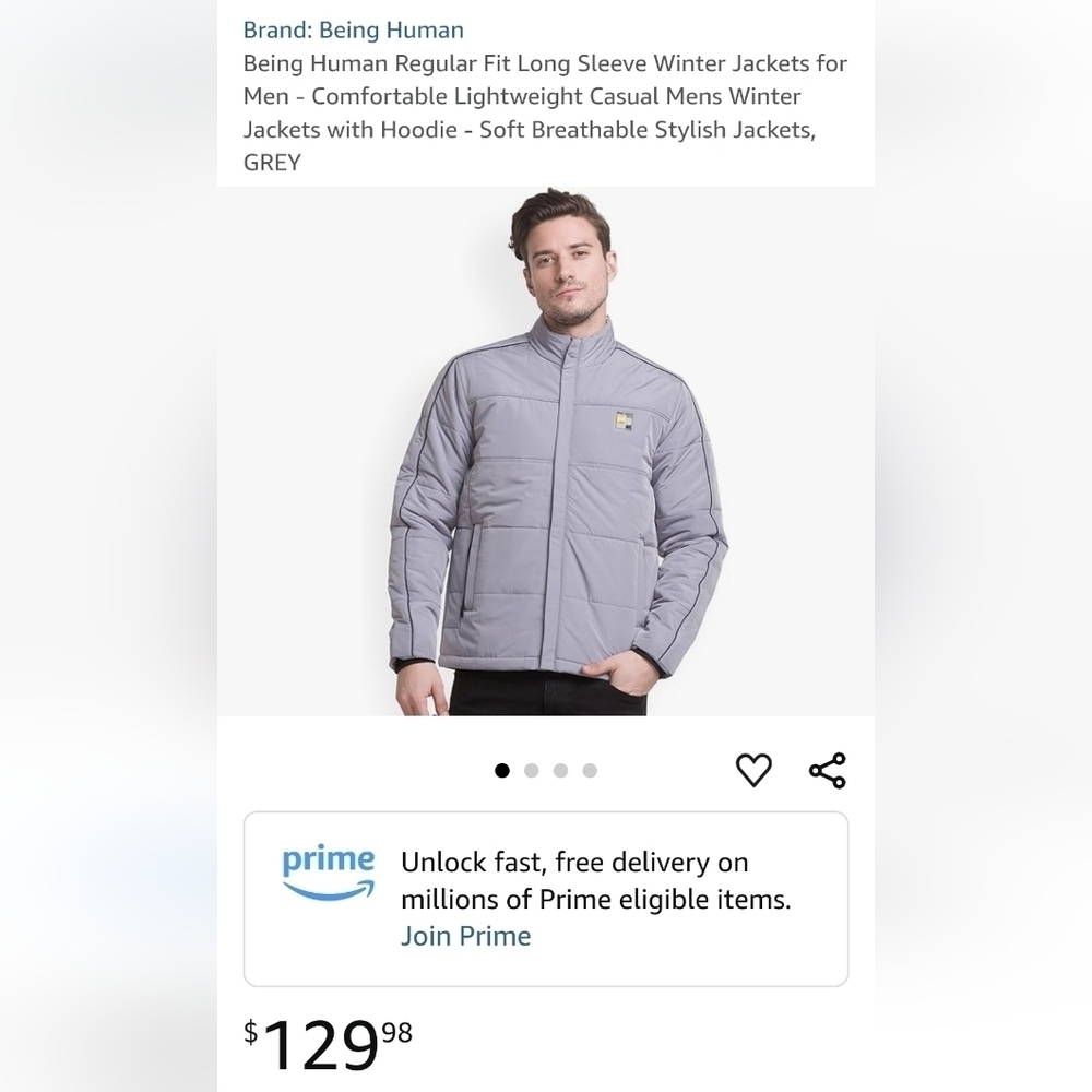 NWT Being Human Men's Gray Puffer Jacket, Size 2XL, Small Fit, Check Size Chart
